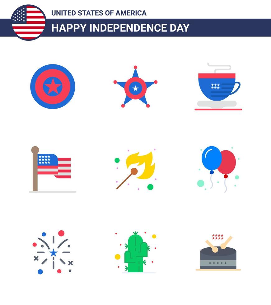 Editable Vector Line Pack of USA Day 9 Simple Flats of match camping tea usa flag Editable USA Day Vector Design Elements