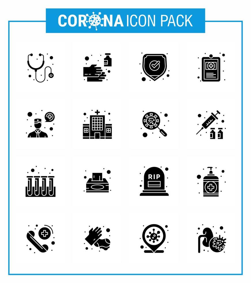 Covid19 Protection CoronaVirus Pendamic 16 Solid Glyph Black icon set such as consultation illness medical hospital chart clinical record viral coronavirus 2019nov disease Vector Design Elements