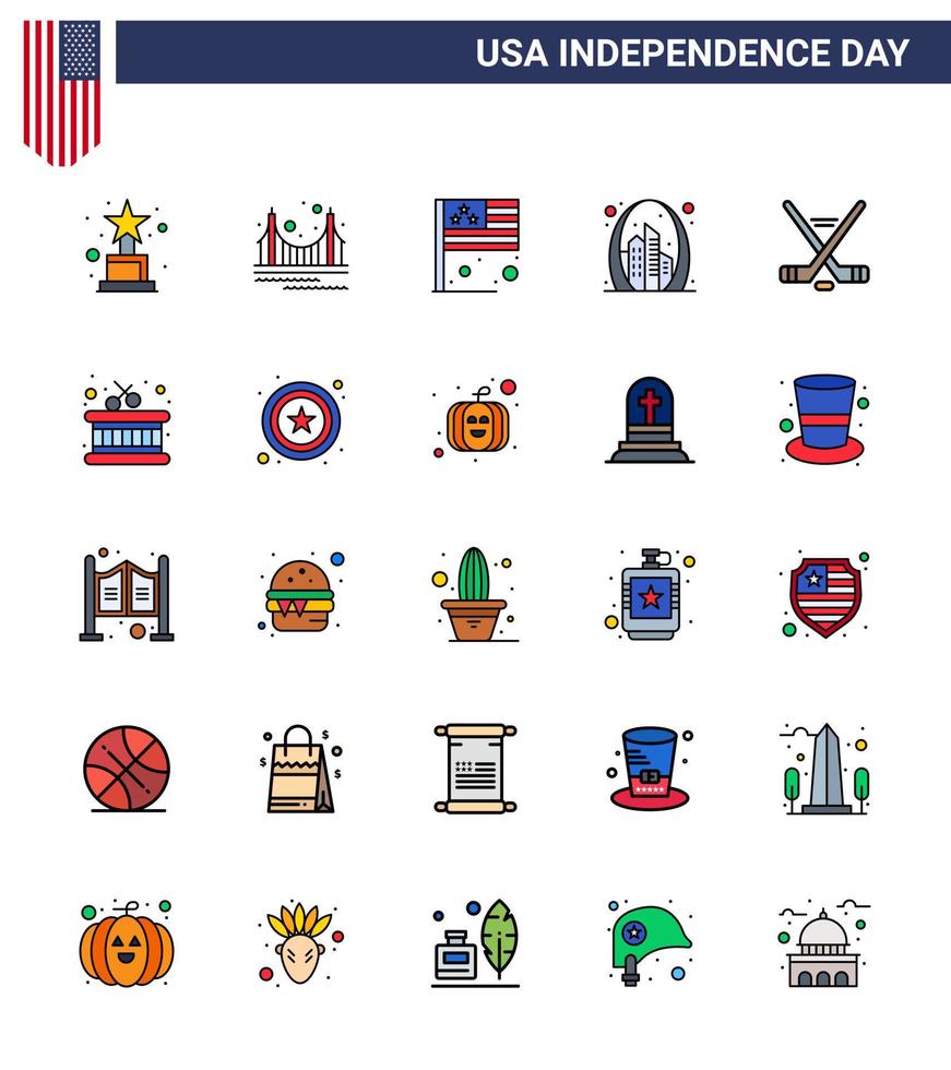 Stock Vector Icon Pack of American Day 25 Flat Filled Line Signs and Symbols for hokey landmark day gate arch Editable USA Day Vector Design Elements