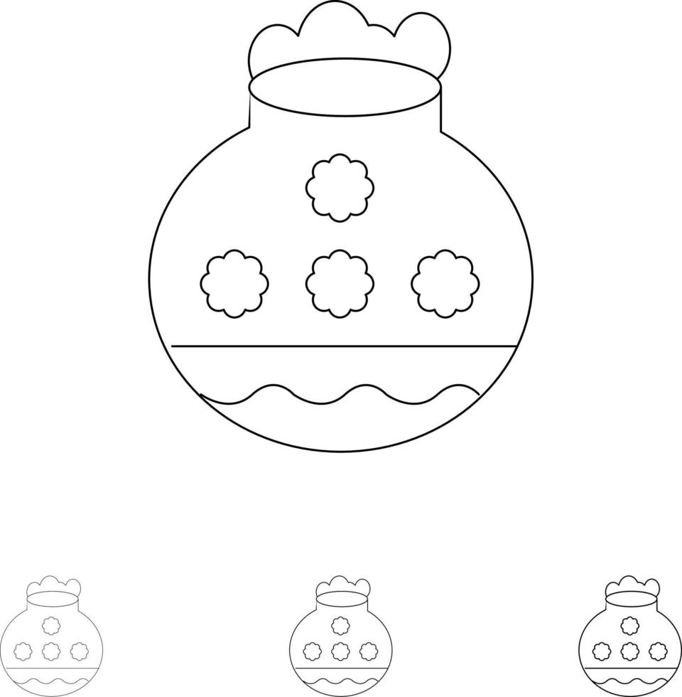 Pot Sand Water Pongal Festival Bold and thin black line icon set vector