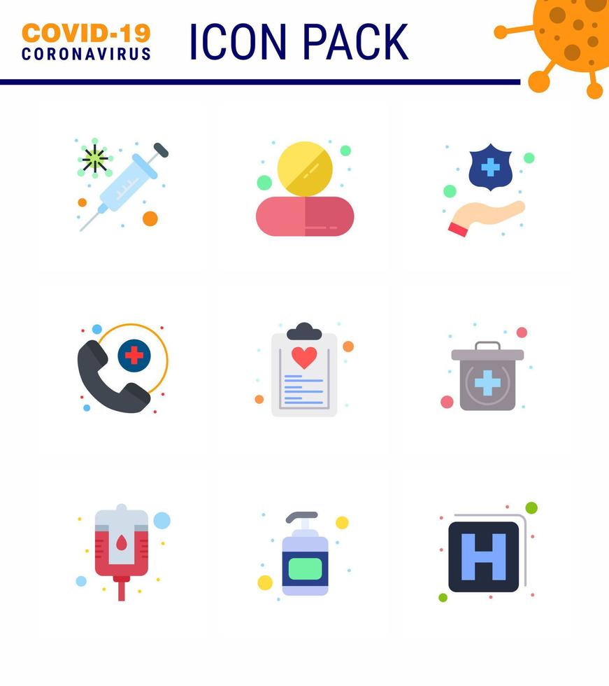9 paquete de iconos de coronavirus covid19 de color plano, como lista de verificación de atención médica, tableta, médico de guardia, coronavirus viral 2019nov, elementos de diseño de vectores de enfermedades