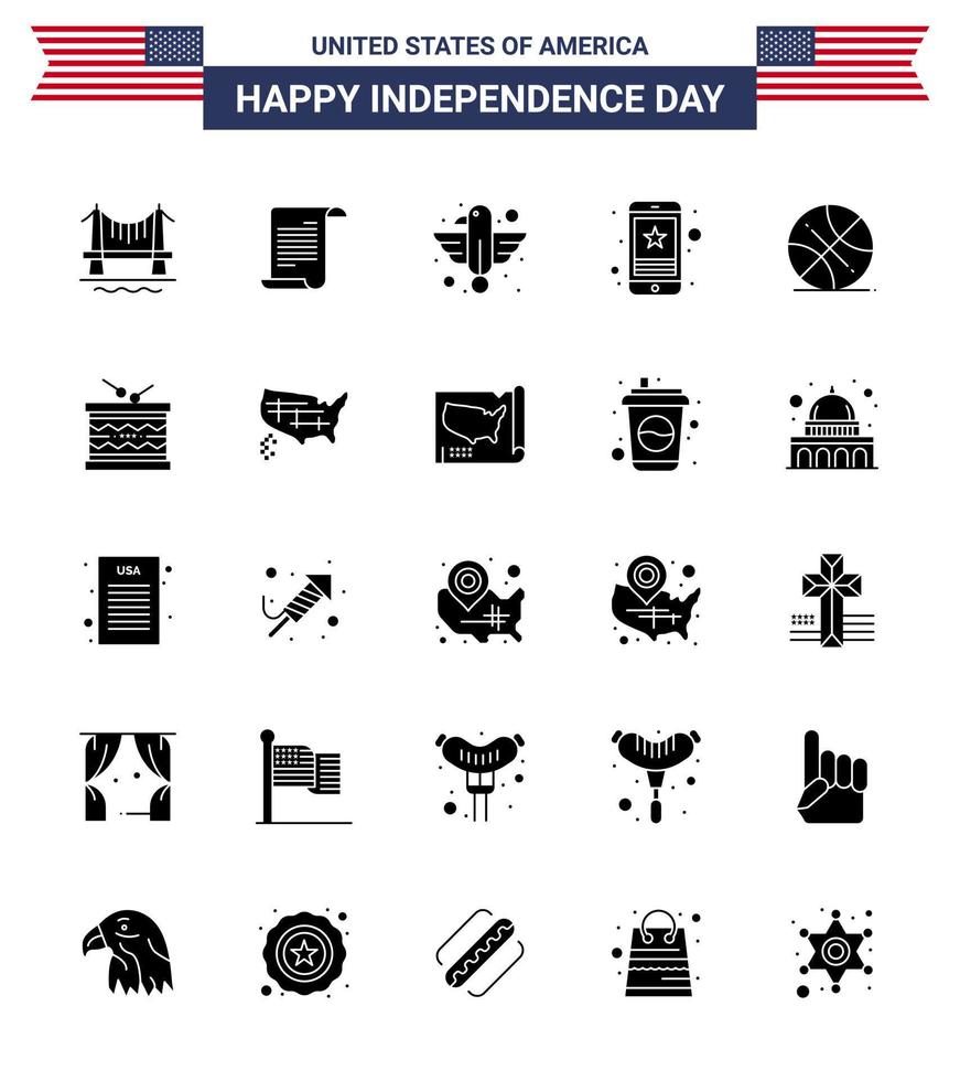 paquete de feliz día de la independencia de 25 signos y símbolos de glifos sólidos para teléfonos inteligentes elementos de diseño de vectores del día de estados unidos editables del estado de las estrellas americanas