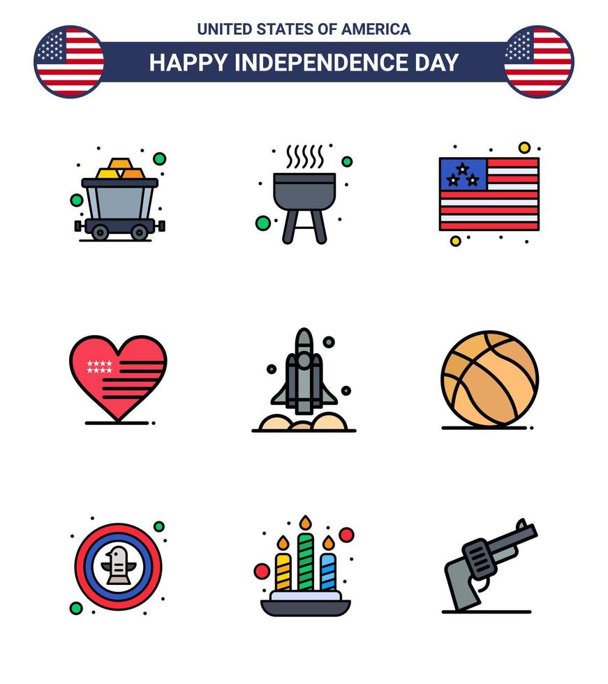 Set of 9 Modern Flat Filled Lines pack on USA Independence Day usa spaceship usa rocket flag Editable USA Day Vector Design Elements
