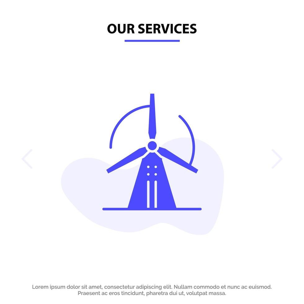 nuestros servicios turbina energía eólica energía glifo sólido icono plantilla de tarjeta web vector