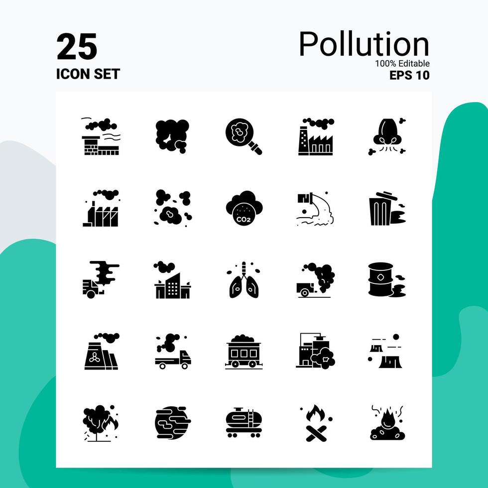 25 conjunto de iconos de contaminación 100 archivos editables eps 10 ideas de concepto de logotipo de empresa diseño de icono de glifo sólido vector