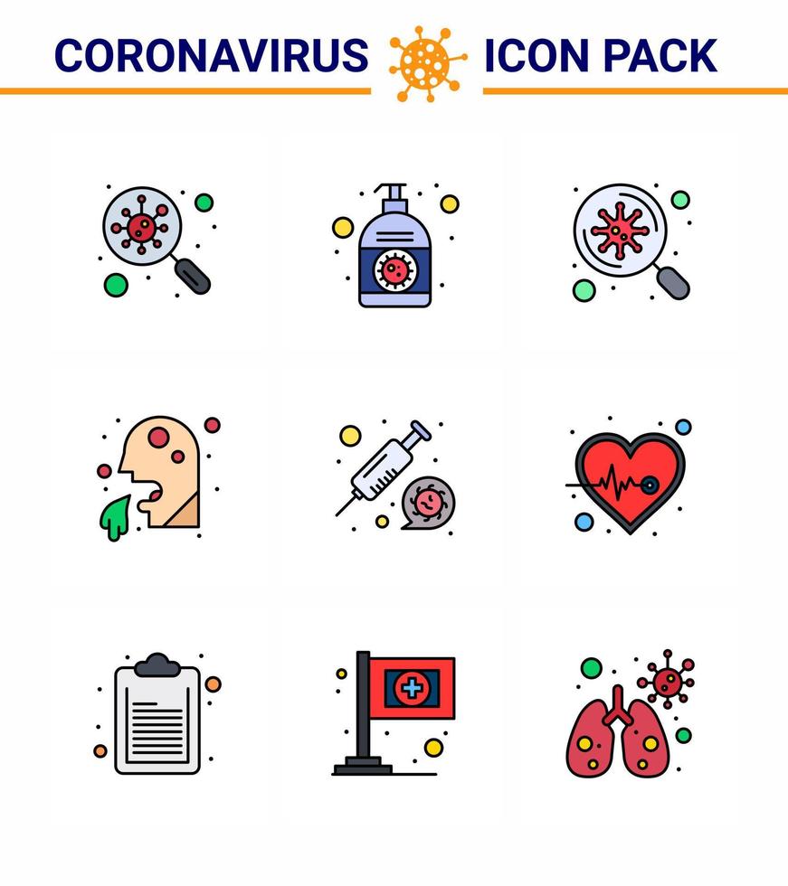 iconos de conciencia de coronavirus 9 línea rellena icono de color plano virus de la corona relacionado con la gripe, como hombre tos mano vómito virus coronavirus viral 2019nov enfermedad vector elementos de diseño