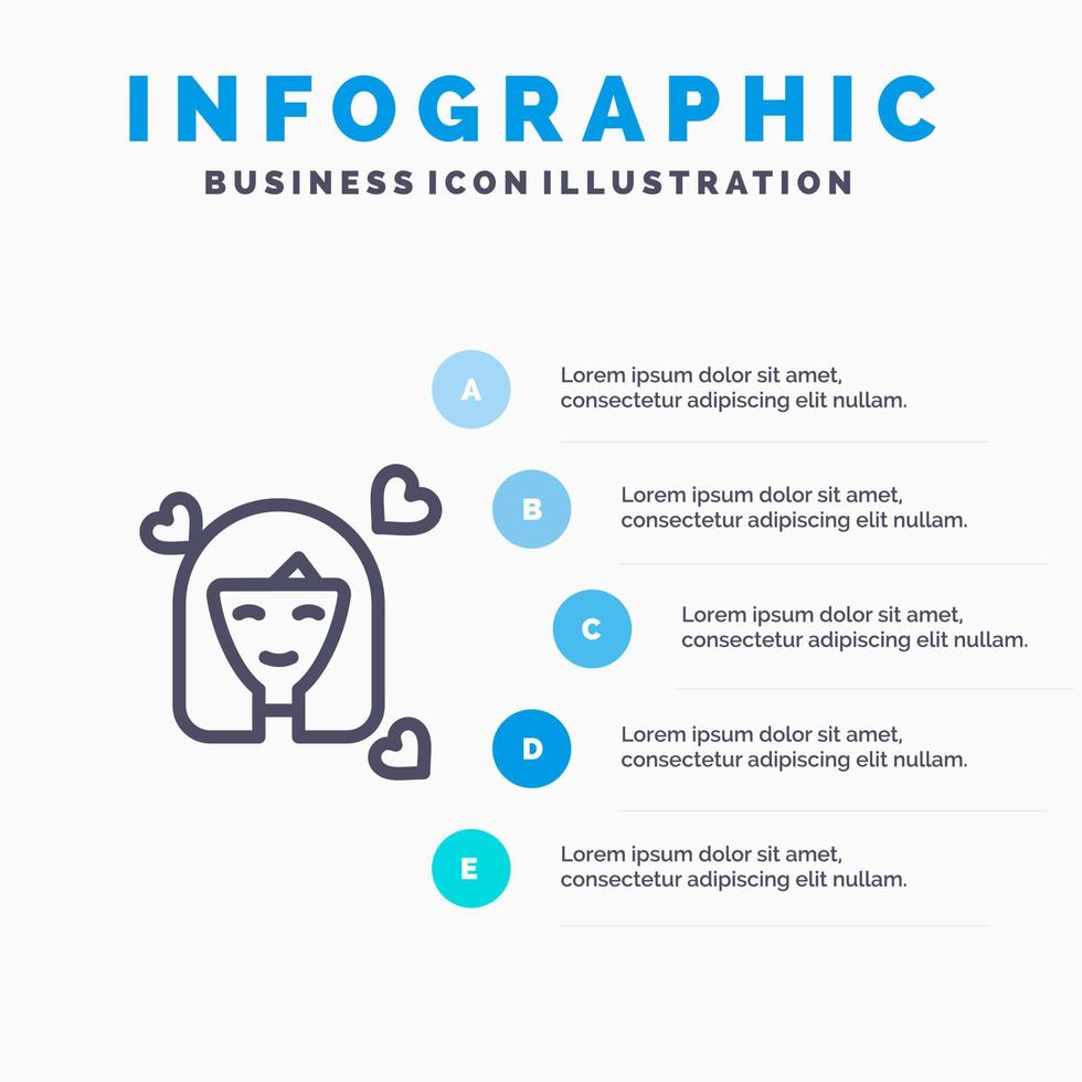 niña persona mujer avatar mujer línea icono con 5 pasos presentación infografía fondo vector