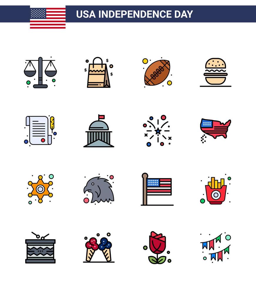 paquete de feliz día de la independencia de 16 líneas planas llenas de signos y símbolos para recibir elementos de diseño vectorial editables del día de estados unidos vector