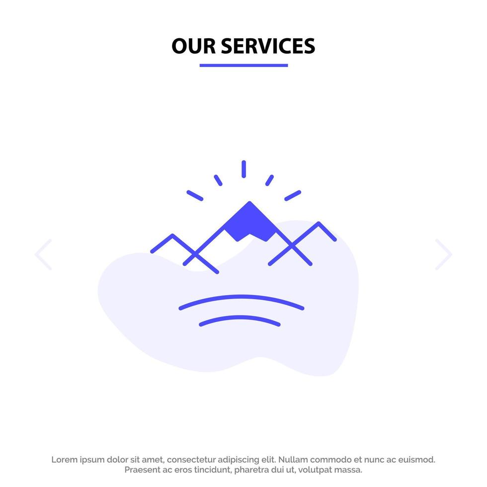 Our Services Mountains River Sun Canada Solid Glyph Icon Web card Template vector