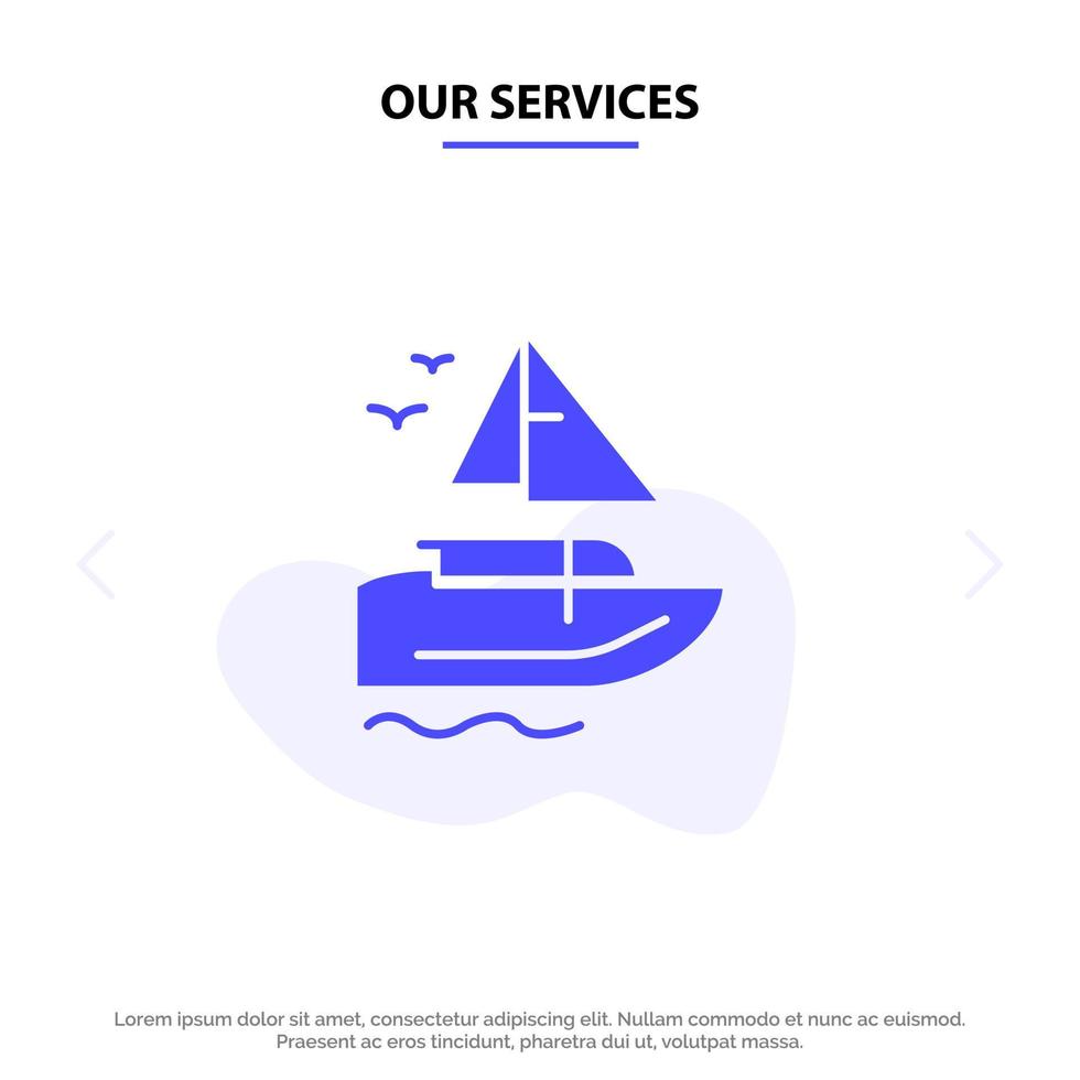 nuestros servicios barco barco transporte barco sólido glifo icono plantilla de tarjeta web vector