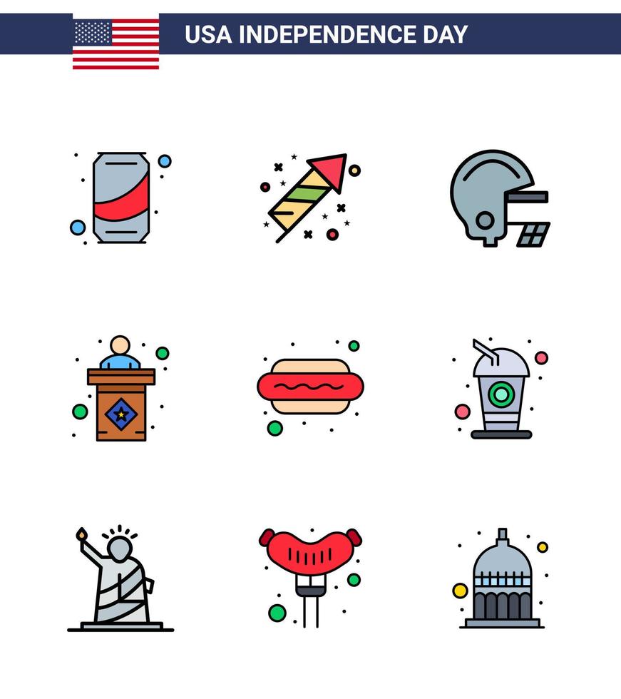 feliz día de la independencia 4 de julio conjunto de 9 líneas planas rellenas pictograma americano de comida hot dog signo americano elección elementos de diseño vectorial del día de estados unidos editables vector