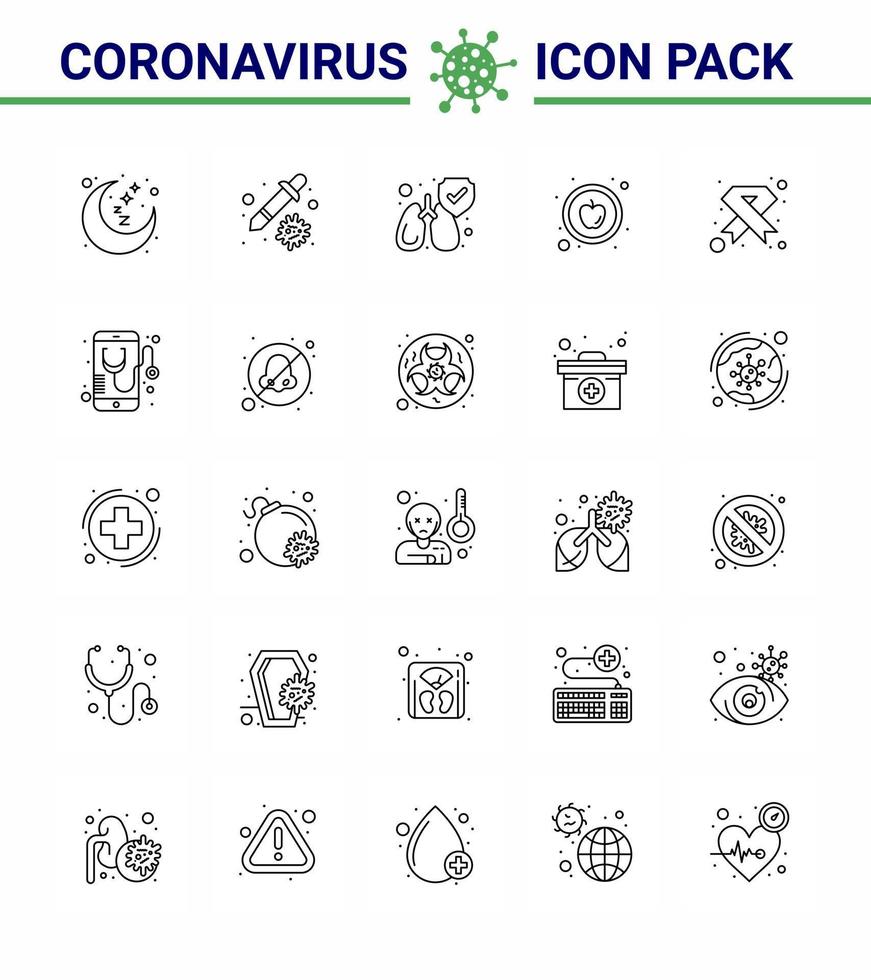 conjunto de iconos de 25 líneas de coronavirus sobre el tema de la epidemia de corona contiene iconos como el cáncer médico protege el sida alimentos coronavirus viral 2019nov elementos de diseño de vectores de enfermedades