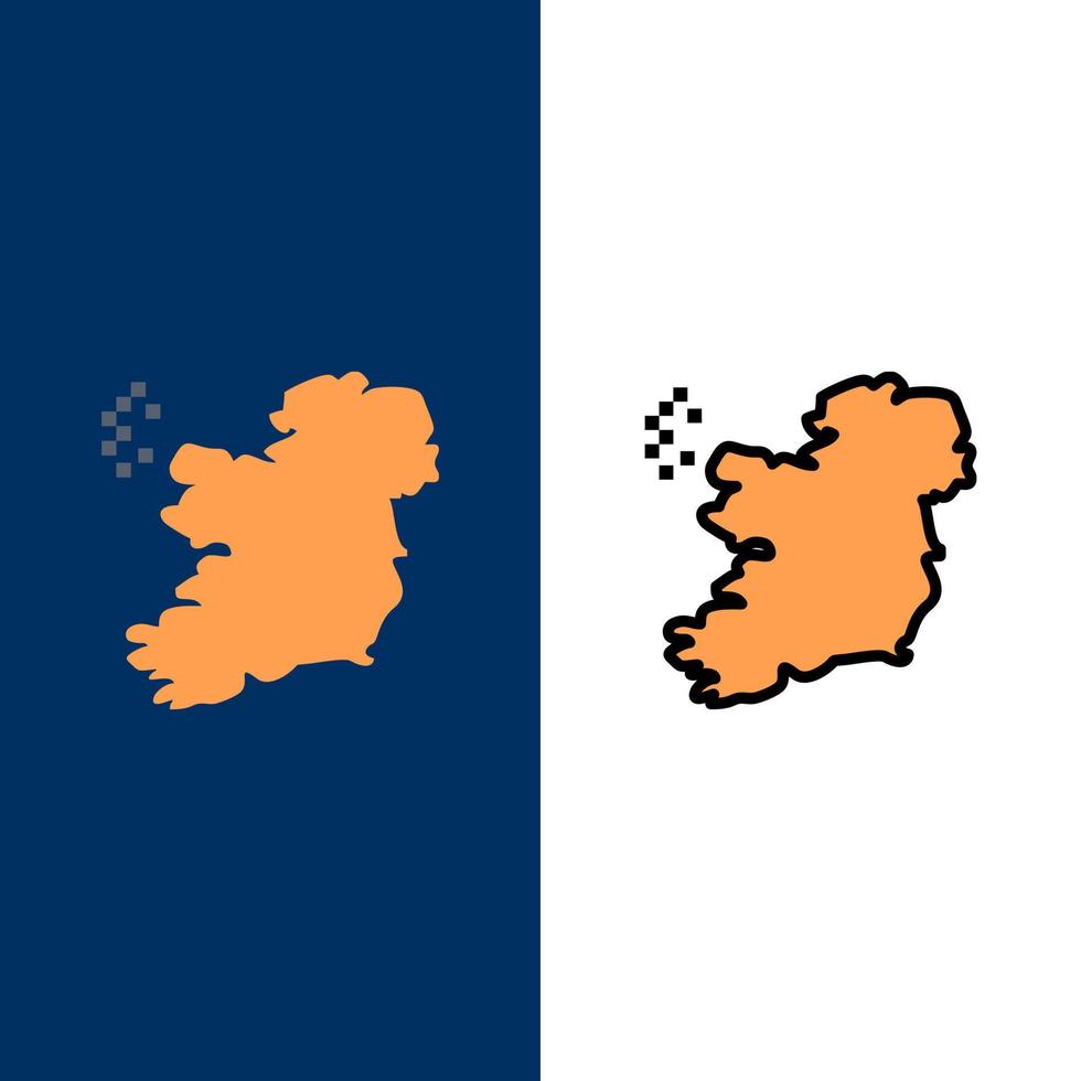 mapa del mundo irlanda iconos planos y llenos de línea conjunto de iconos vector fondo azul