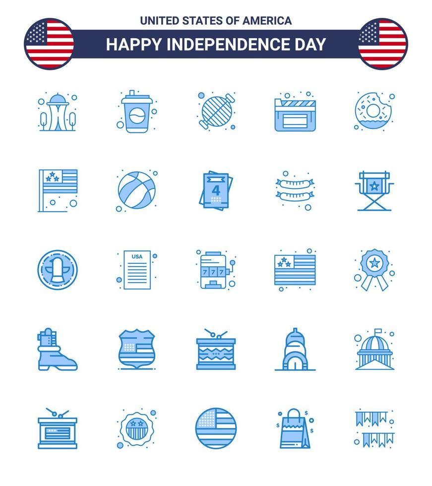 USA Independence Day Blue Set of 25 USA Pictograms of round film food movies party Editable USA Day Vector Design Elements