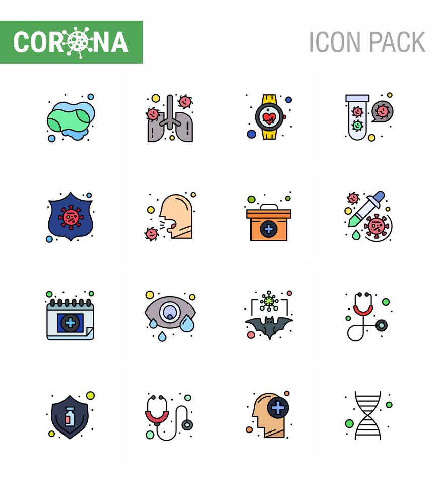 Covid19 Protection CoronaVirus Pendamic 16 Flat Color Filled Line icon set such as tubes elucation pneumonia bacteria pulse viral coronavirus 2019nov disease Vector Design Elements