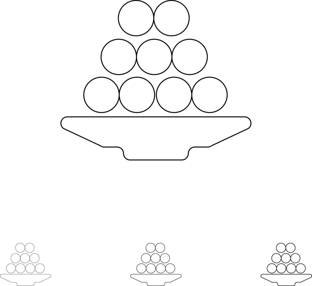 cuenco manjar postre indio laddu dulce regalo audaz y delgada línea negra conjunto de iconos vector