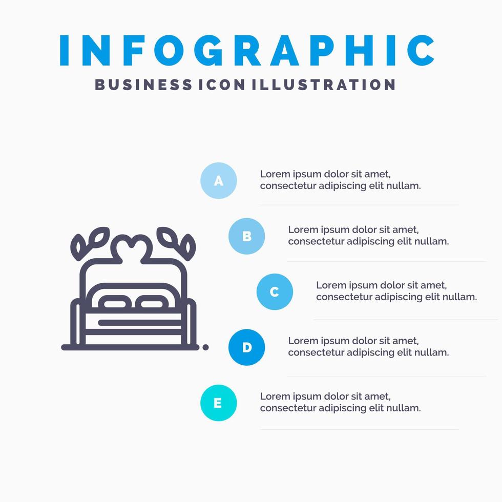 cama amor corazón boda línea icono con 5 pasos presentación infografía fondo vector