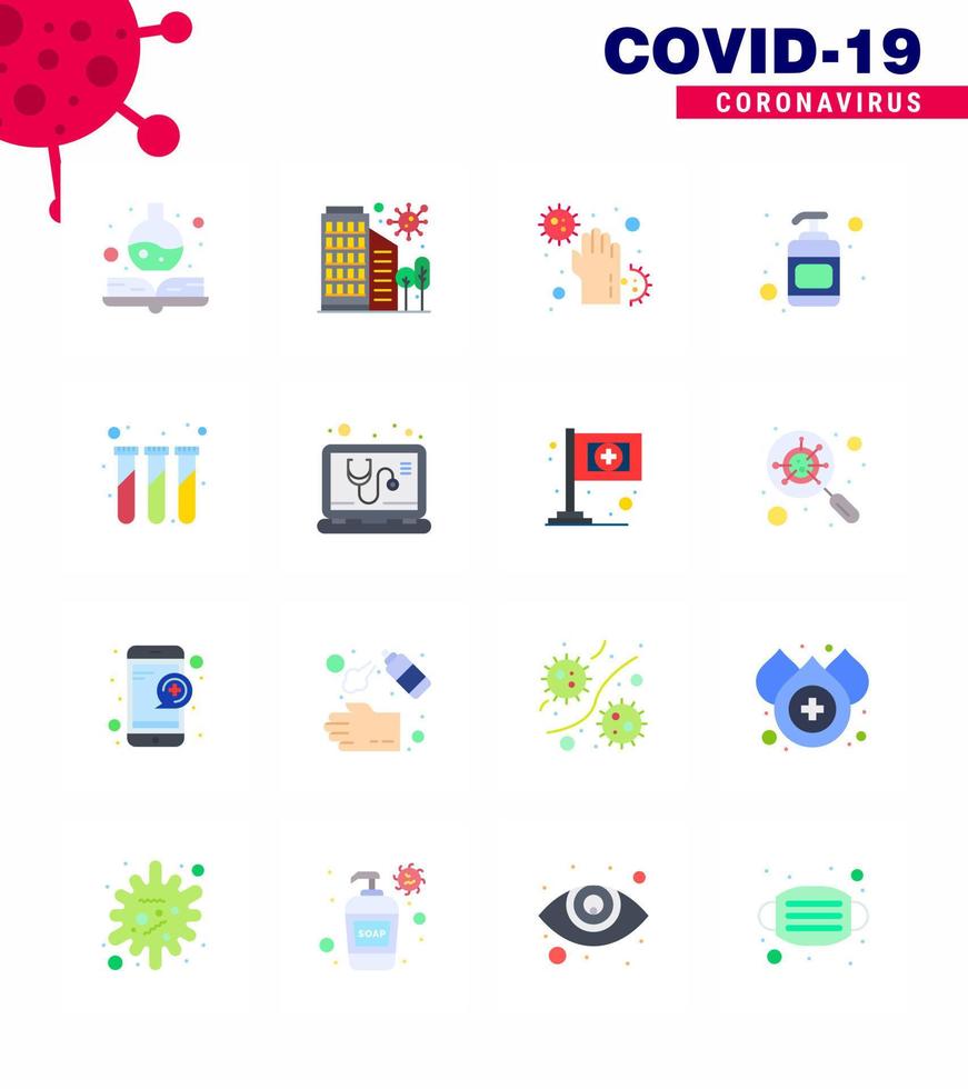 Coronavirus Precaution Tips icon for healthcare guidelines presentation 16 Flat Color icon pack such as experiment hand sanitizer virus lotion hands viral coronavirus 2019nov disease Vector Desig