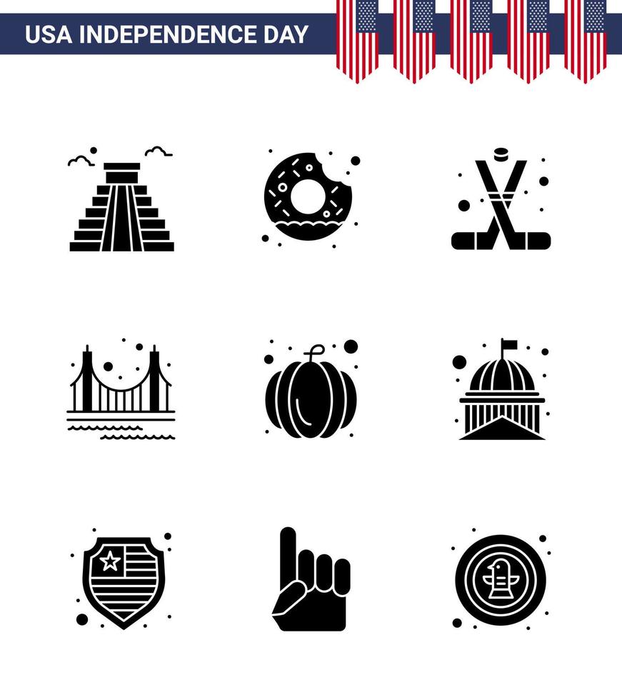 Group of 9 Solid Glyphs Set for Independence day of United States of America such as tourism golden hockey gate america Editable USA Day Vector Design Elements