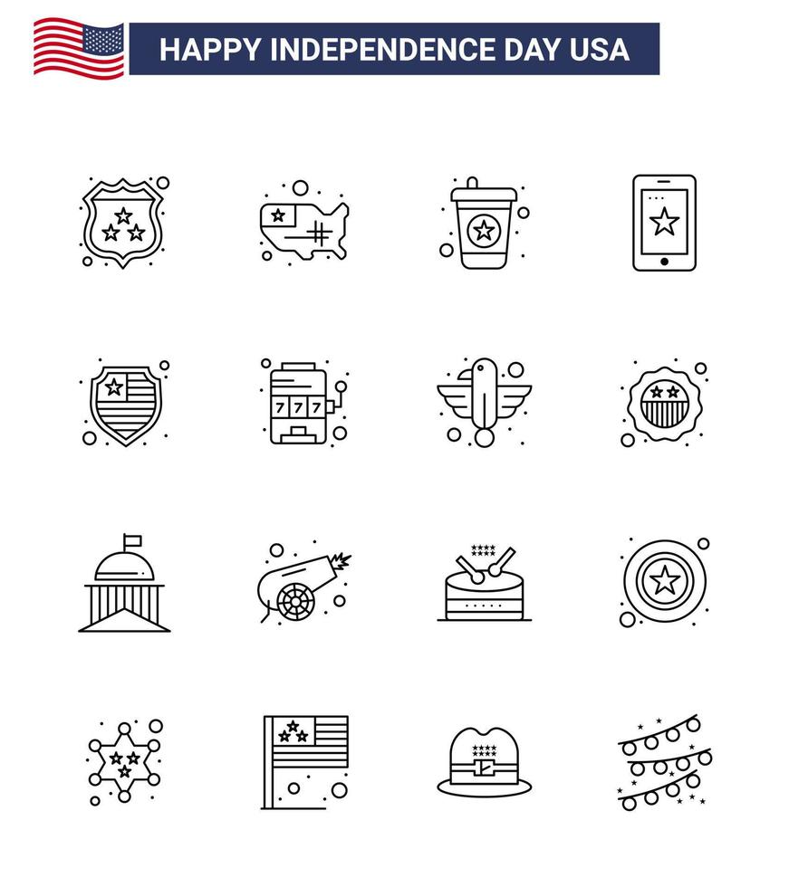 Modern Set of 16 Lines and symbols on USA Independence Day such as shield american beverage ireland phone Editable USA Day Vector Design Elements