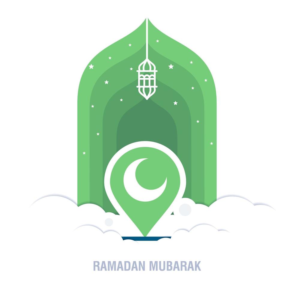 Ramadan Kareem islamic design crescent moon and mosque dome silhouette with arabic pattern and calligraphy vector