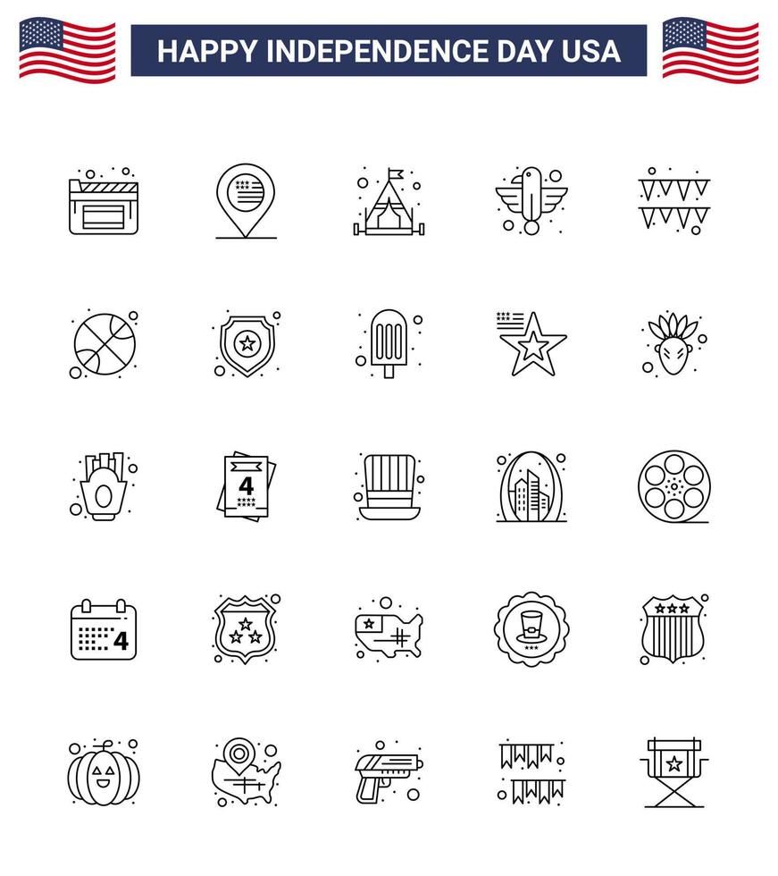 4th July USA Happy Independence Day Icon Symbols Group of 25 Modern Lines of paper festival camping state bird Editable USA Day Vector Design Elements
