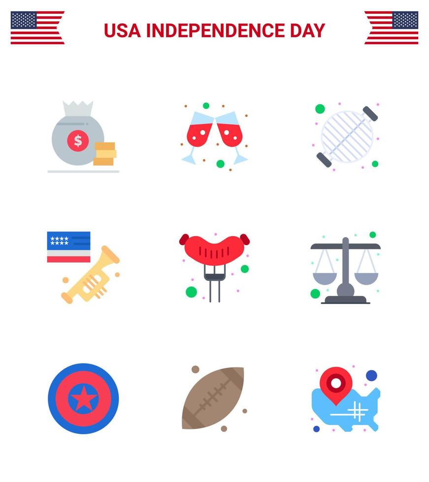 Happy Independence Day Pack of 9 Flats Signs and Symbols for frankfurter american barbecue laud flag Editable USA Day Vector Design Elements