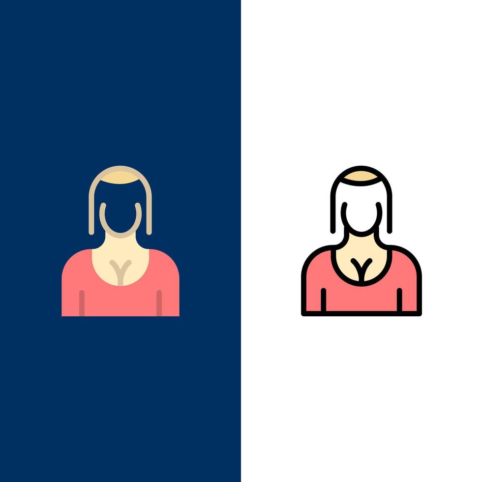 actriz avatar personaje chica dama iconos plano y línea llena conjunto de iconos vector fondo azul