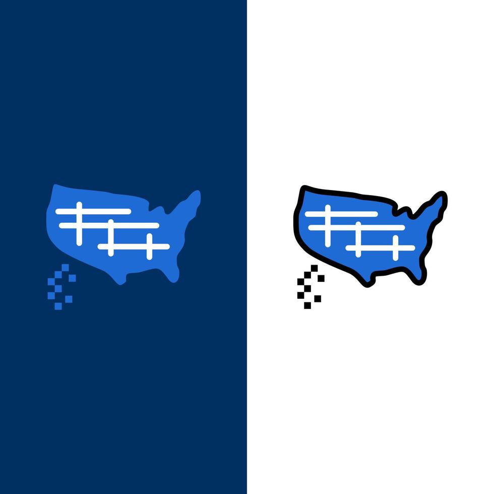 Map States United Usa  Icons Flat and Line Filled Icon Set Vector Blue Background