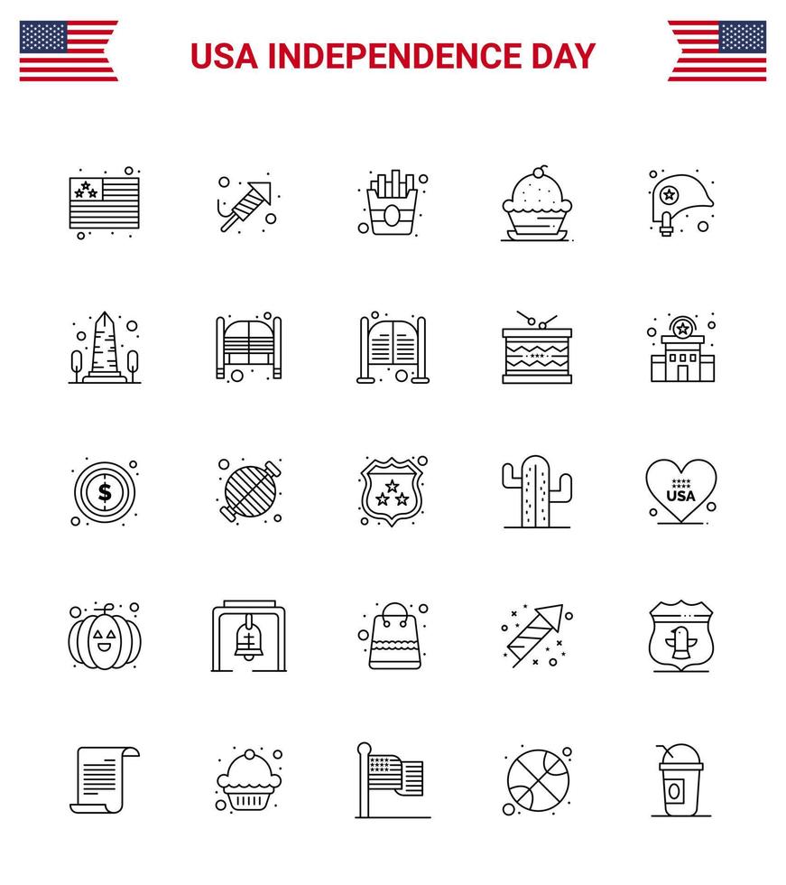 25 iconos creativos de EE. UU. Signos de independencia modernos y símbolos del 4 de julio de protección cabeza comida muffin de acción de gracias elementos de diseño de vector de día de EE. UU. editables