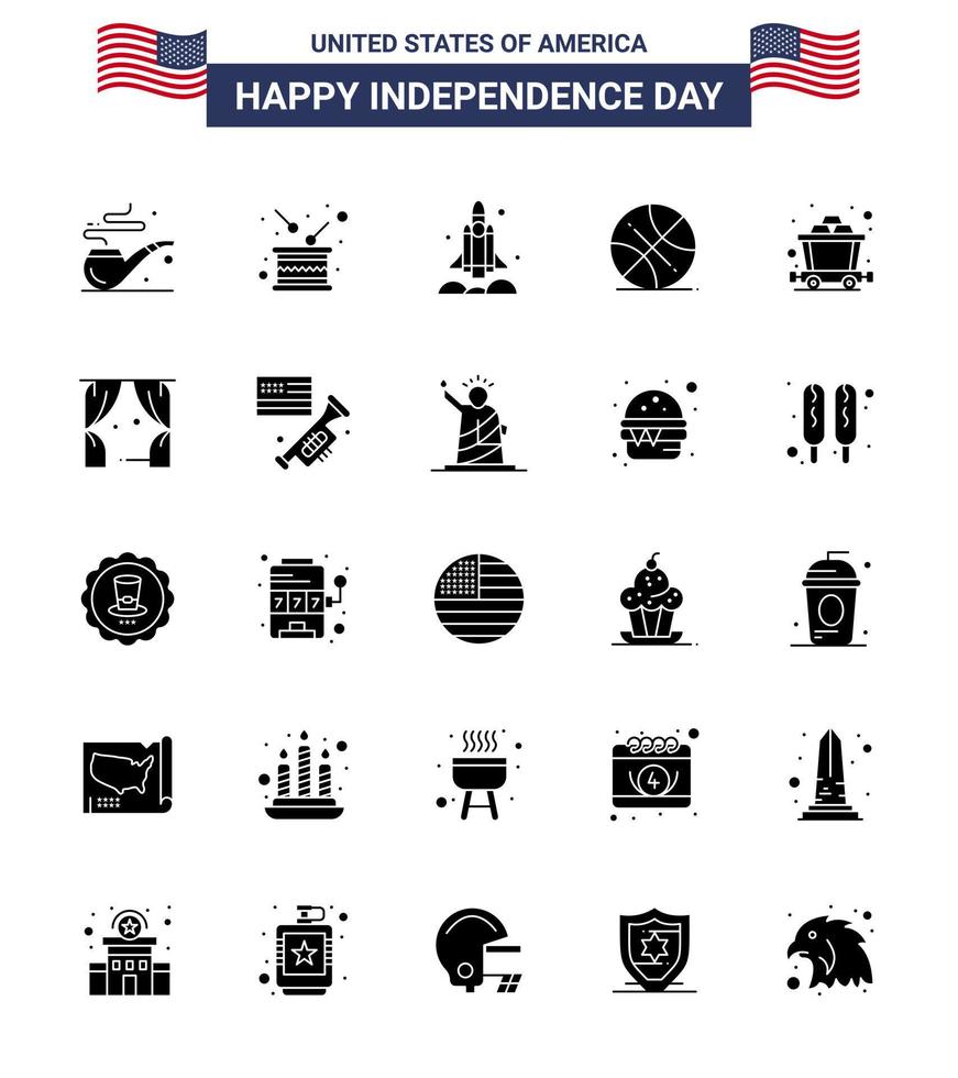 USA Happy Independence DayPictogram Set of 25 Simple Solid Glyph of cart sports launcher ball usa Editable USA Day Vector Design Elements
