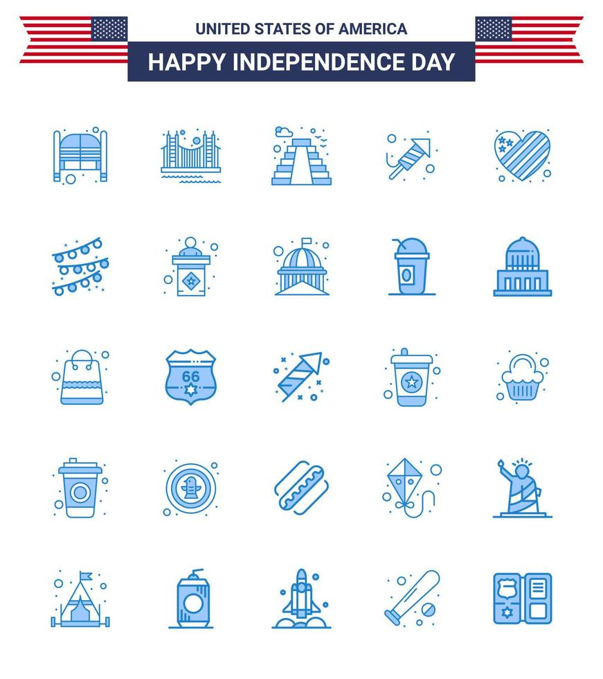 paquete de 25 signos de blues de celebración del día de la independencia de EE. UU. Y símbolos del 4 de julio, como el trabajo de fuego del festival, punto de referencia del edificio de EE. UU. Elementos de diseño vectorial editables del día de EE. UU. vector