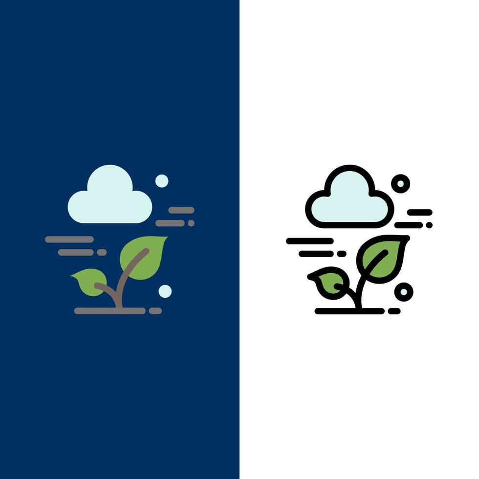 iconos de tecnología de hoja de nube de planta plano y conjunto de iconos llenos de línea vector fondo azul