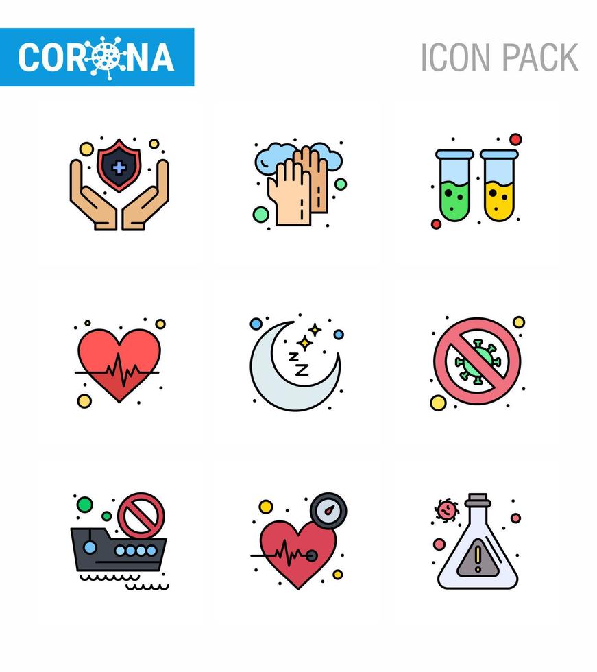 Coronavirus awareness icons 9 Filled Line Flat Color icon Corona Virus Flu Related such as sleep moon blood test heart care heart viral coronavirus 2019nov disease Vector Design Elements