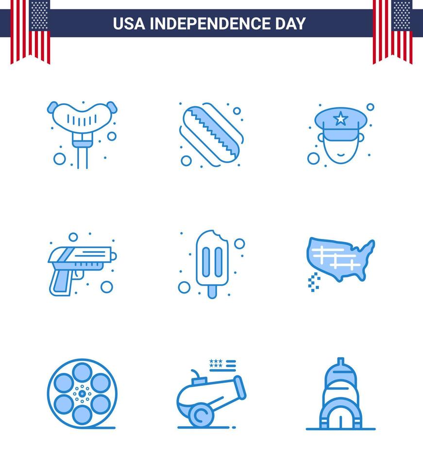 9 Creative USA Icons Modern Independence Signs and 4th July Symbols of states cream police popsicle weapon Editable USA Day Vector Design Elements
