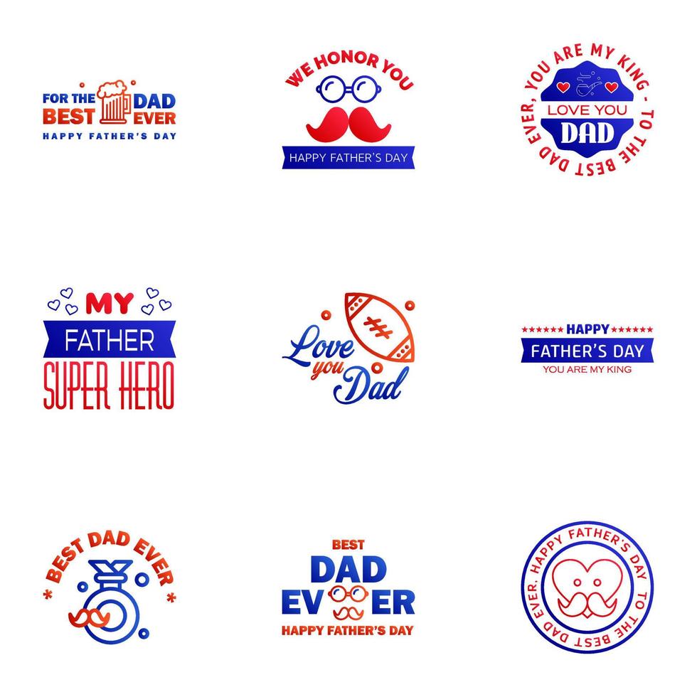 te amo diseño de tarjeta de papá para la colección de tipografía del día del padre feliz 9 elementos de diseño vectorial editables de diseño azul y rojo vector