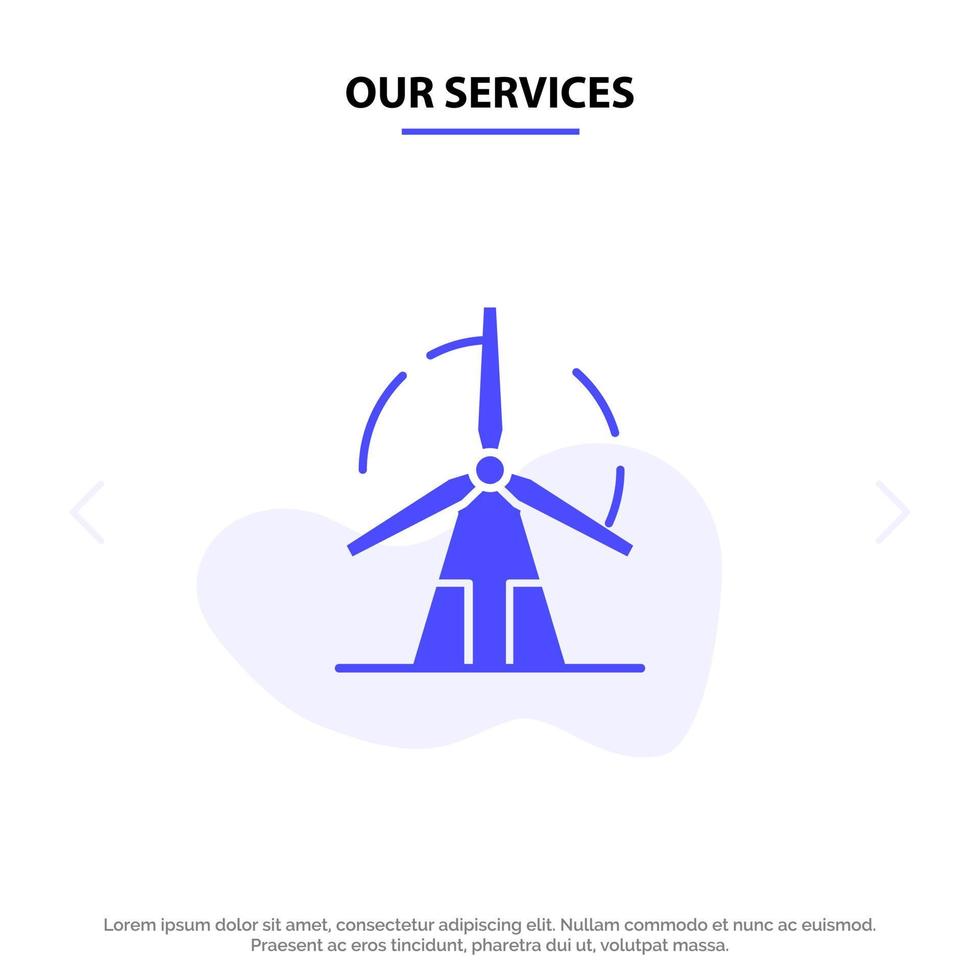 nuestros servicios energía limpia energía verde molino de viento icono de glifo sólido plantilla de tarjeta web vector