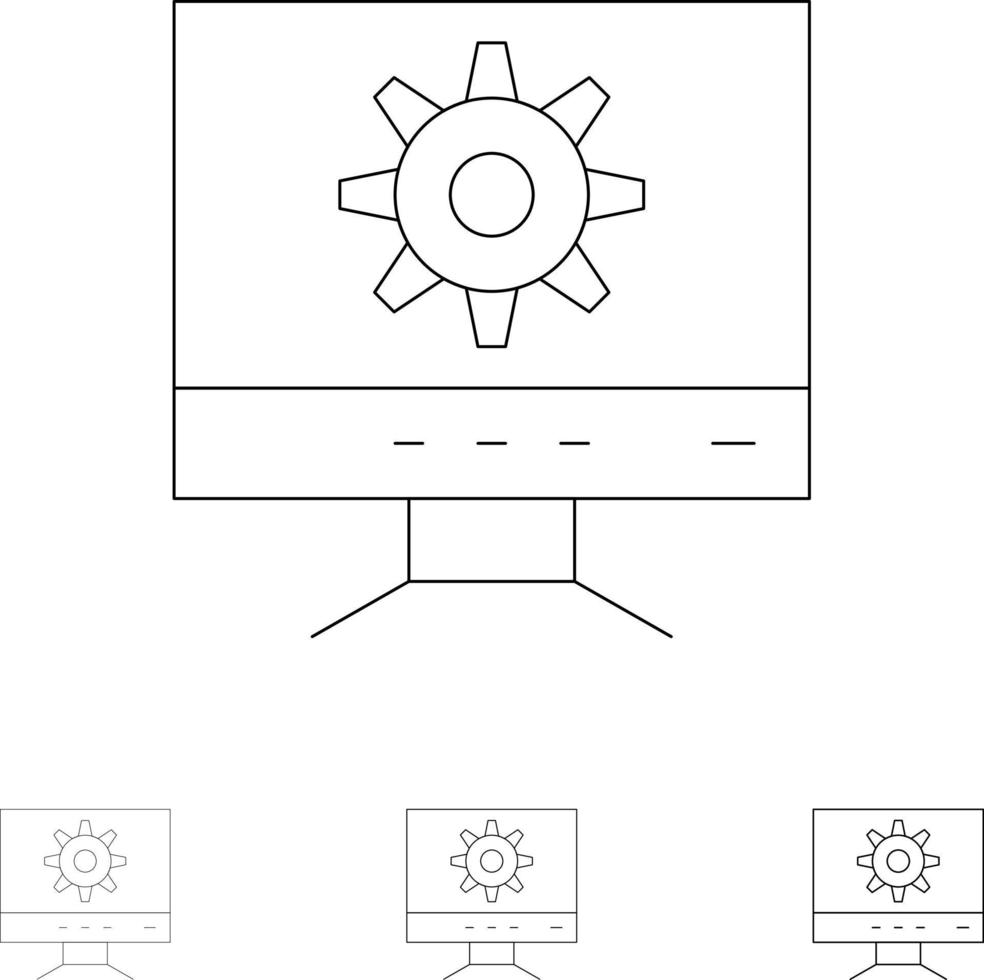 diseño de configuración de computadora conjunto de iconos de línea negra en negrita y delgada vector