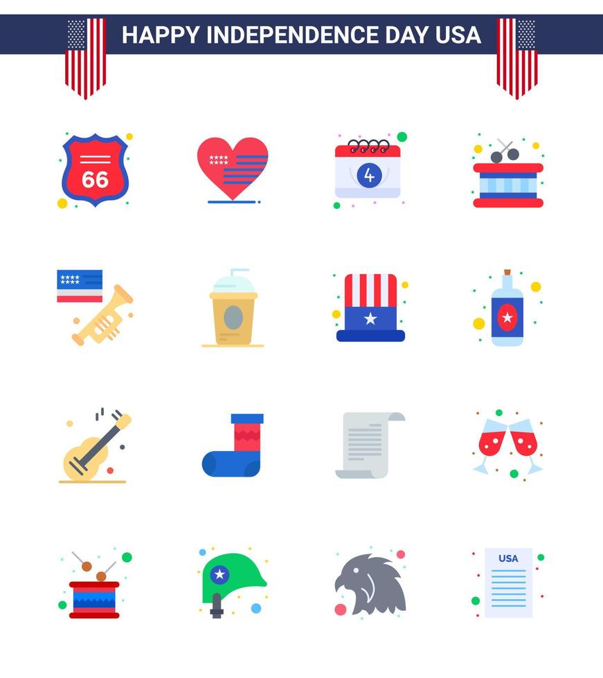 Pack of 16 creative USA Independence Day related Flats of laud flag american sticks drum Editable USA Day Vector Design Elements