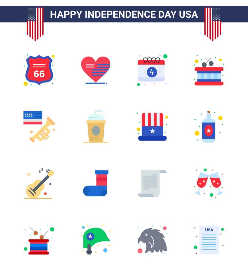 paquete de 16 pisos creativos relacionados con el día de la independencia de estados unidos de la bandera de laud palos americanos tambor editable elementos de diseño vectorial del día de estados unidos vector