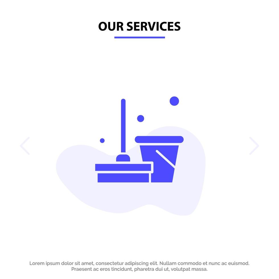 nuestros servicios escoba limpieza limpieza barrido icono de glifo sólido plantilla de tarjeta web vector