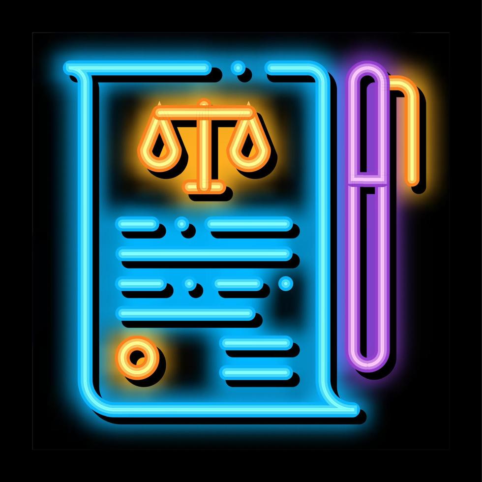 Sheet of Paper and Pen in Court Law And Judgement neon glow icon illustration vector