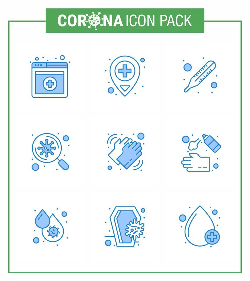 9 paquete de iconos de corona de virus viral azul, como termómetro de lavado de cuidado, exploración médica, elementos de diseño de vector de enfermedad de coronavirus viral 2019nov