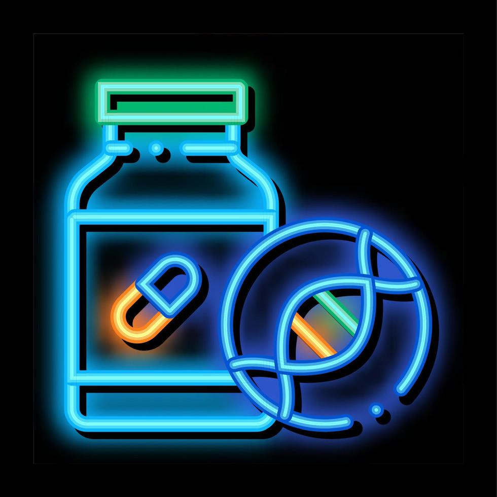 ilustración de icono de resplandor de neón de biohacking de botella de píldora médica vector