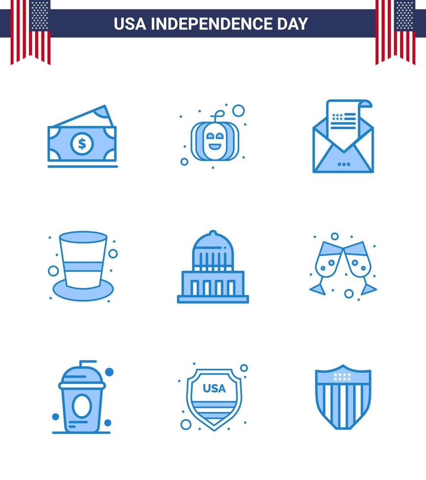 4th July USA Happy Independence Day Icon Symbols Group of 9 Modern Blues of city magic hat envelope hat american Editable USA Day Vector Design Elements