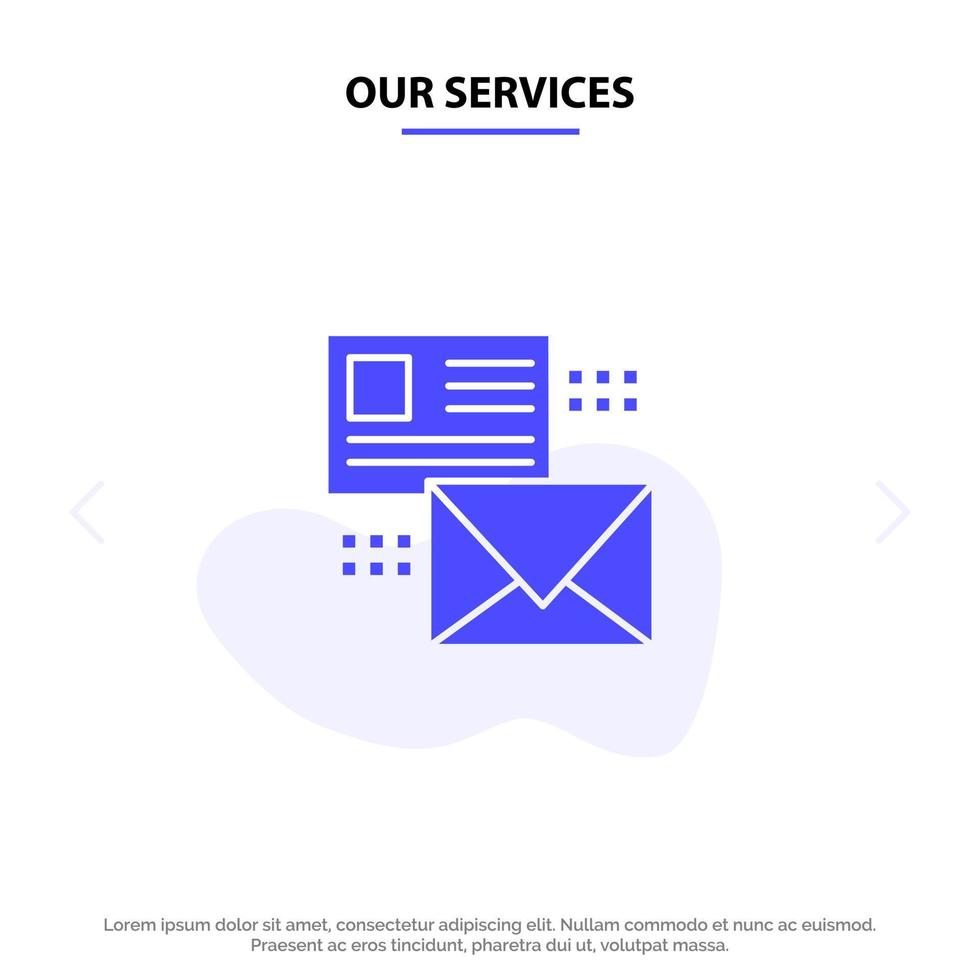 nuestros servicios correo conversación correos electrónicos lista correo glifo sólido icono plantilla de tarjeta web vector