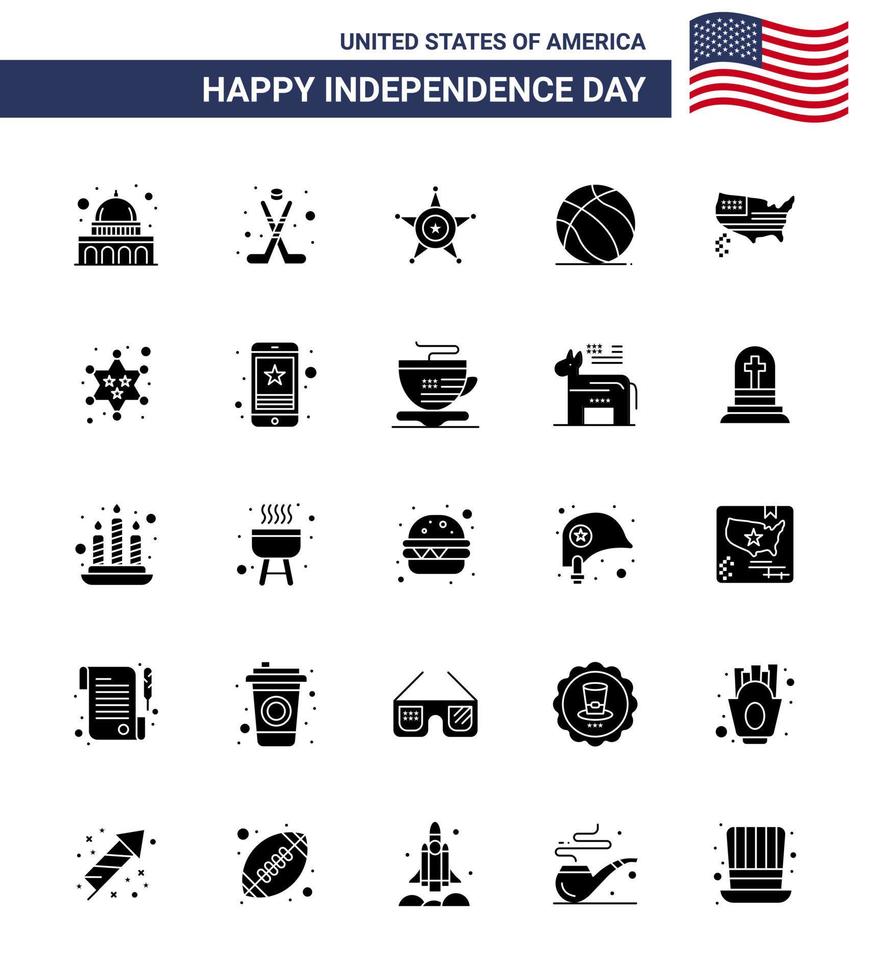 4 de julio estados unidos feliz día de la independencia icono símbolos grupo de 25 glifo sólido moderno del mapa estados unidos hombres fútbol americano editable día de estados unidos elementos de diseño vectorial vector