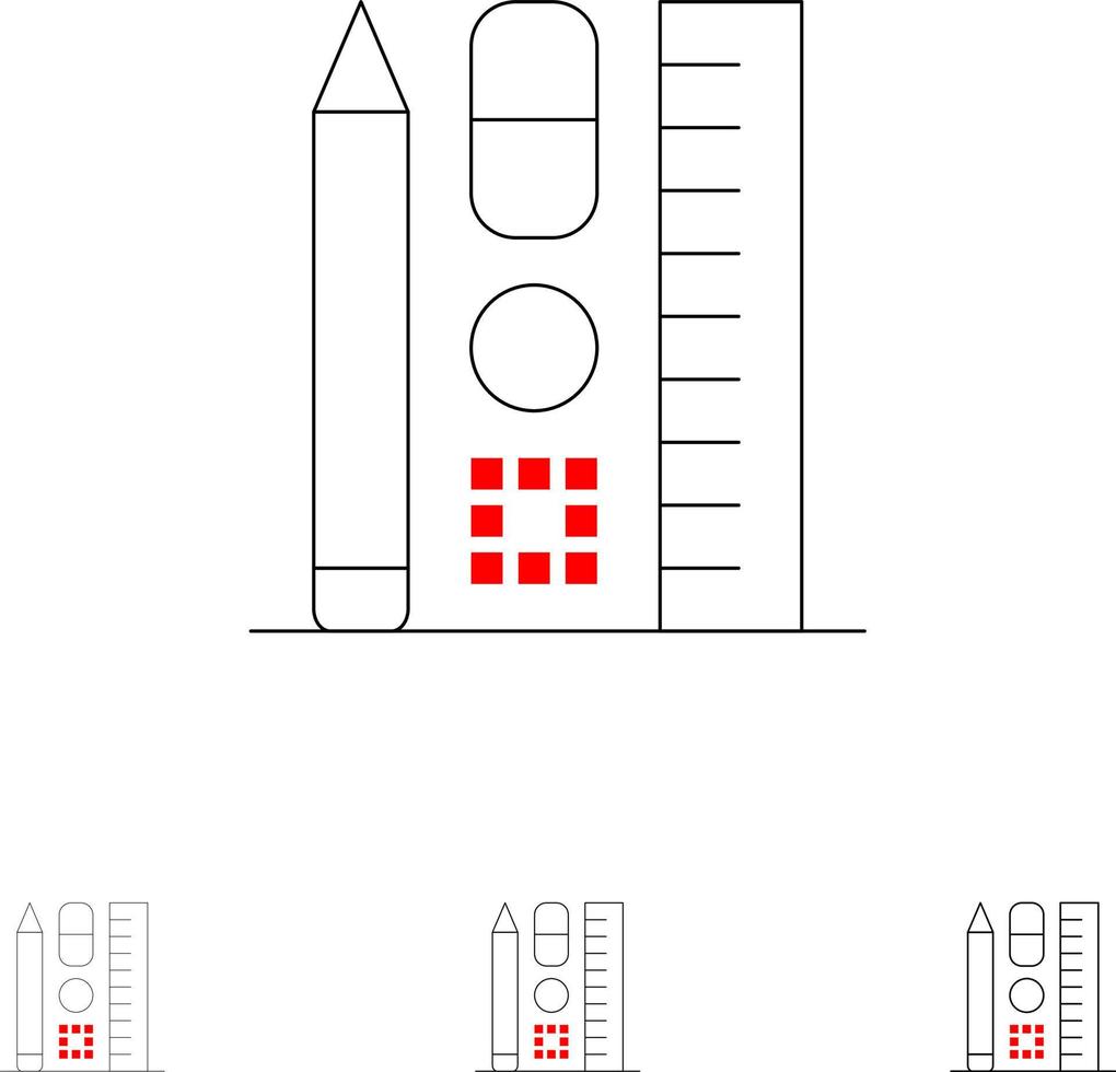 conjunto de iconos de línea negra fina y audaz en línea de educación a escala de lápiz vector