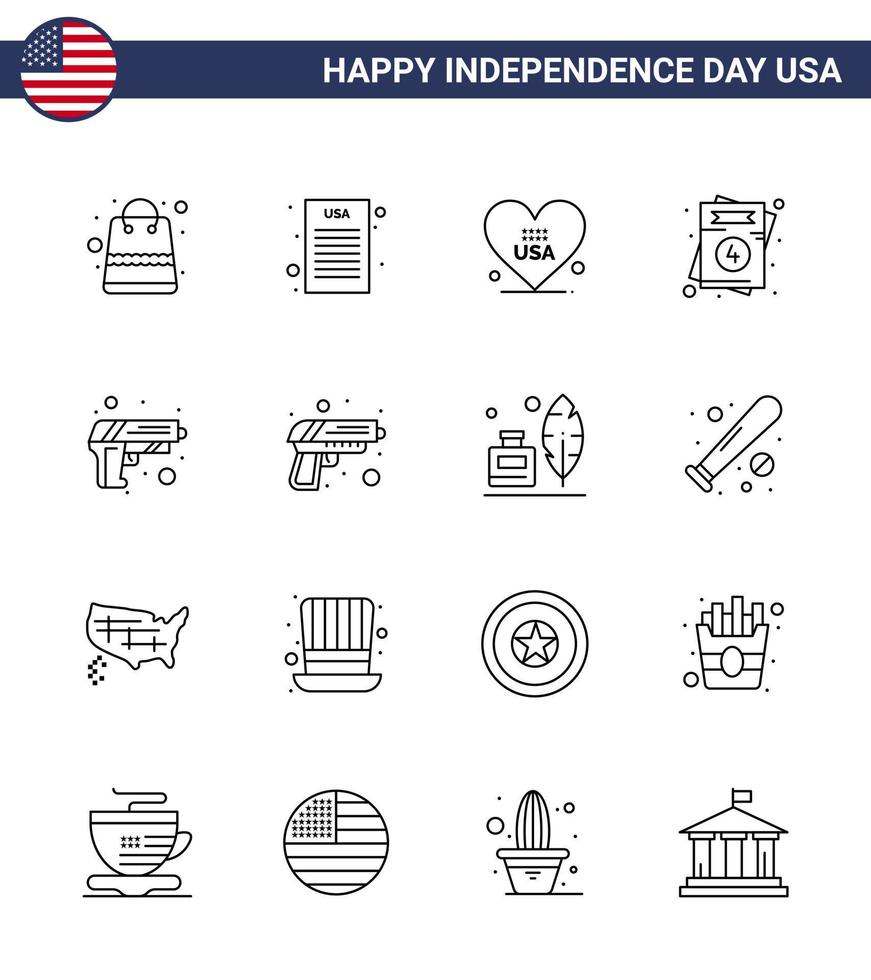 Big Pack of 16 USA Happy Independence Day USA Vector Lines and Editable Symbols of army gun love wedding love Editable USA Day Vector Design Elements