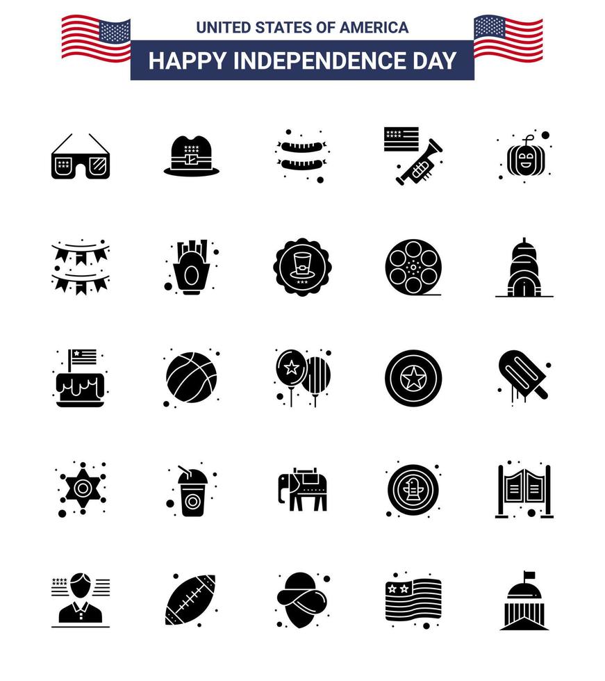 25 USA Solid Glyph Signs Independence Day Celebration Symbols of american pumpkin frankfurter american laud Editable USA Day Vector Design Elements